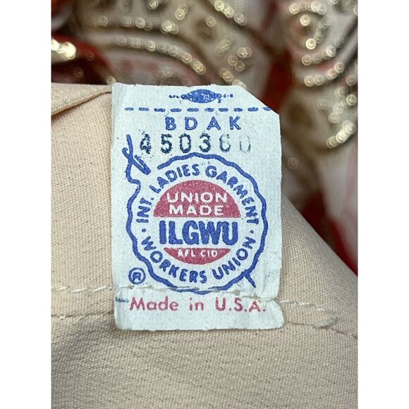 Vintage 70’s Pleated Midi Dress Union Tag JS Womens Size 16 Red Gold Foil Jackie - Picture 6 of 9